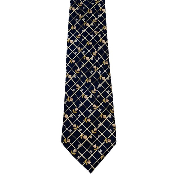 FREE LAND Dark Blue Checked & Floral Print 100% Silk Tie | 57" | Vintage, Men's - Picture 3 of 6